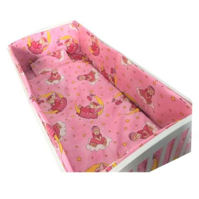 Lenjerie de patut bebelusi 120x60 cm 5 piese cu aparatori laterale pufoase CN Bunica Ursulet Roz