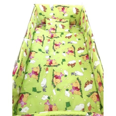 Lenjerie de patut bebelusi 140x70 cm 5 piese cu aparatori laterale pe burete CN Winnie the Pooh verde