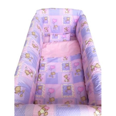 Lenjerie de patut bebelusi 120x60 cm cu aparatori Maxi Ursi in carouri pe roz