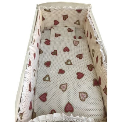 Lenjerie de patut bebelusi 140x70 cm 5 piese cu aparatori laterale pufoase CN Inimioare