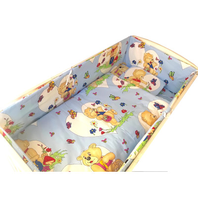 Lenjerie de patut bebelusi 5 piese cu aparatori laterale pe burete Ursuleti cu inimioare blue CN - 140*70 cm