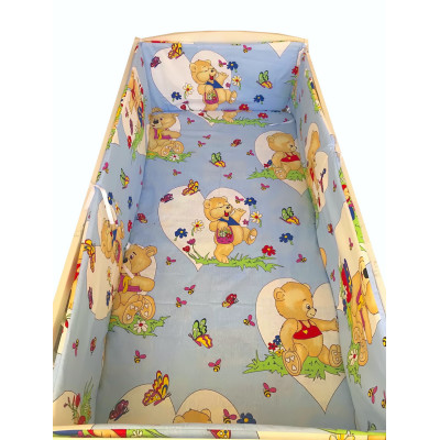Lenjerie de patut bebelusi 5 piese cu aparatori laterale pe burete Ursuleti cu inimioare blue CN - 120*60 cm