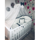 Lenjerie Personalizata cu aparatori Super Groase, baldachin si suport pat 140x70 cm Albă cu Volanas gri