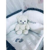 Lenjerie Personalizata cu aparatori Super Groase, baldachin si suport pat 140x70 cm Albă cu Volanas gri