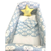 Lenjerie de patut bebelusi 9 piese pat 140x70 cm cu aparatori si baldachin Maxi Deseda Steluta Noapte buna Albastru