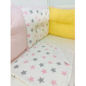 Set de 6 bucati aparatori protectii laterale patut 140x70 cm Deseda Roz pal - Galben - Stelute roz gri