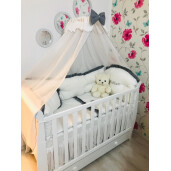 Lenjerie Personalizata cu aparatori Super Groase, baldachin si suport pat 140x70 cm Albă cu Volanas gri