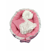 Cuib baby nest bebelusi cu volanase, paturica si pernuta Roz cu buline albe LUX