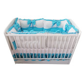 Lenjerie de patut cu 6 aparatori pufoase Alb-gri pat 120x60 cm, fundite, plapumioara, perna si cearsaf cu volan