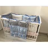 Lenjerie 10 piese cu 6 aparatori pufoase si buzunar pat 140x70 cm Deseda Gri-norisori-stelute albastre