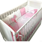 Lenjerie Personalizata pat 120x60 cm cu aparatori din 7 pernute pufoase, perna paturica si cearsaf cu volan Deseda Roz - Stelute gri pe alb