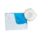 Set 2 piese Personalizata Paturica dubla de iarna 90x70 cm cu perna formare cap Deseda Minky albastru - Steluțe albastre pe alb