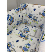 Lenjerie de patut bebelusi 120x60 cm cu aparatori Maxi Bufnite Albastre