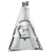 Lenjerie Personalizata cu aparatori Super Groase, baldachin si suport pat 120x60 cm Albă cu Volanas gri