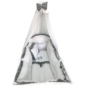 Lenjerie Personalizata cu aparatori Super Groase, baldachin si suport pat 140x70 cm Albă cu Volanas gri