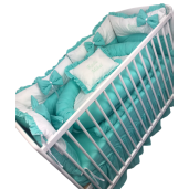 Lenjerie de patut cu 6 aparatori pufoase Alb-gri pat 120x60 cm, fundite, plapumioara, perna si cearsaf cu volan