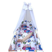 Lenjerie patut bebelusi 120x60 cm 10 piese Deseda Bufnite pe alb